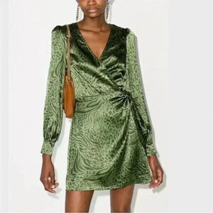 Reformation Kenna green animal leopard-print wrap 100% silk mini dress